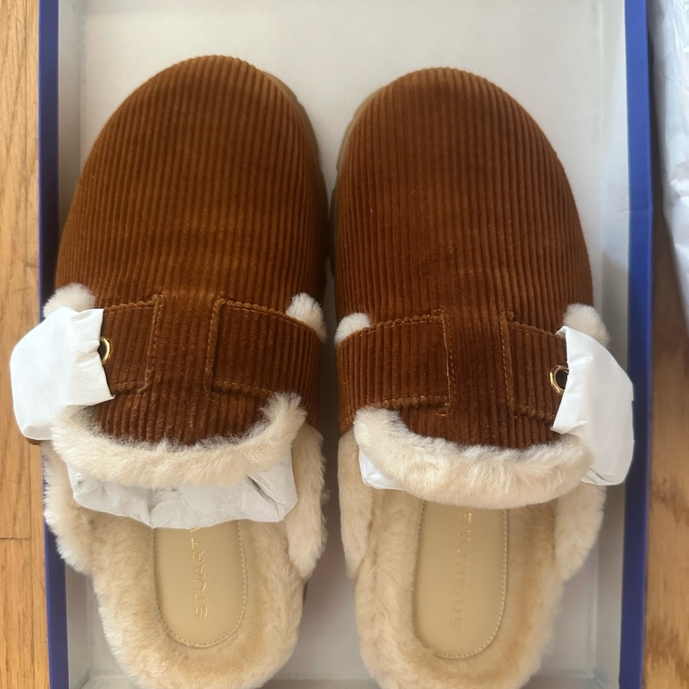 Stuart Weitzman Brown Corduroy Chrystie Shearling Mule